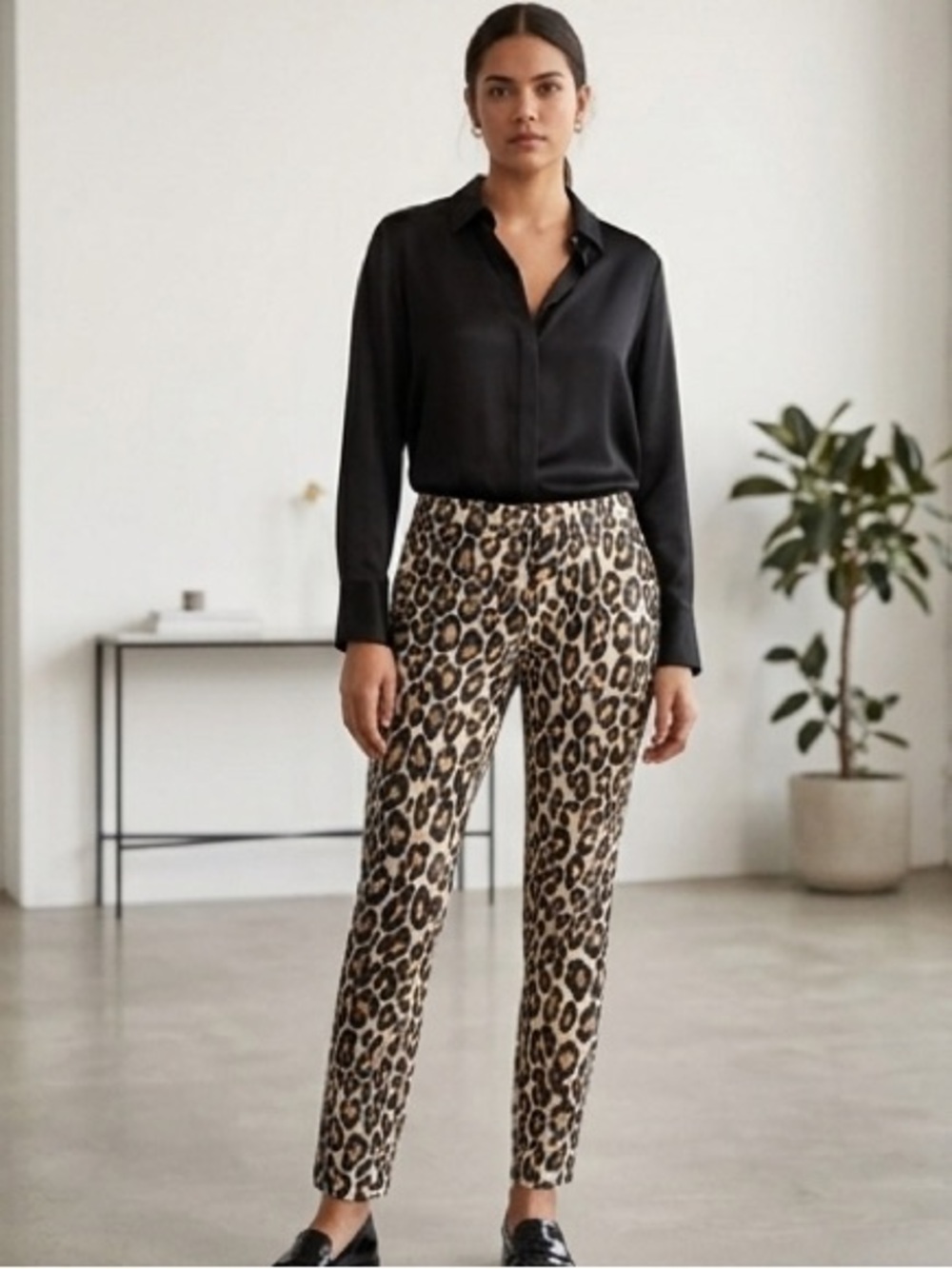 Mango Leopard-Print Slim Pants in Tan, Brown & Black